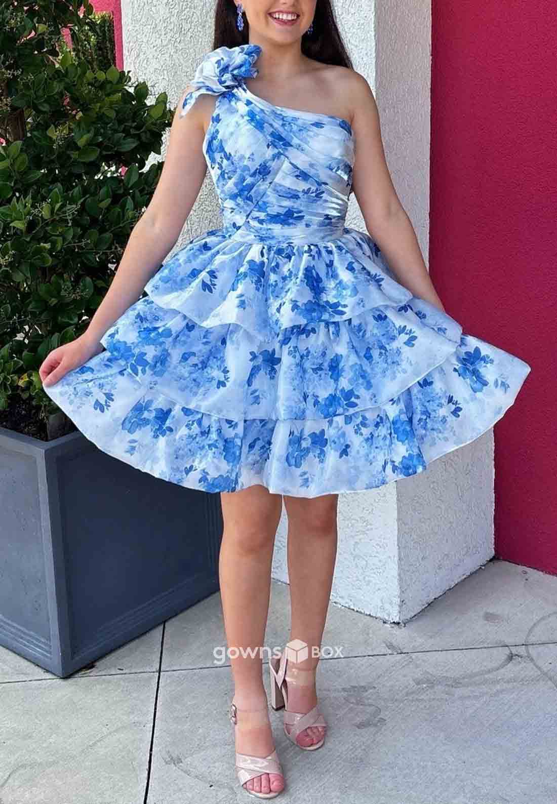 Gorgeous A-Line One Shoulder Blue Printed Short Homecoming Dress with 3D Flowers-GownsBox