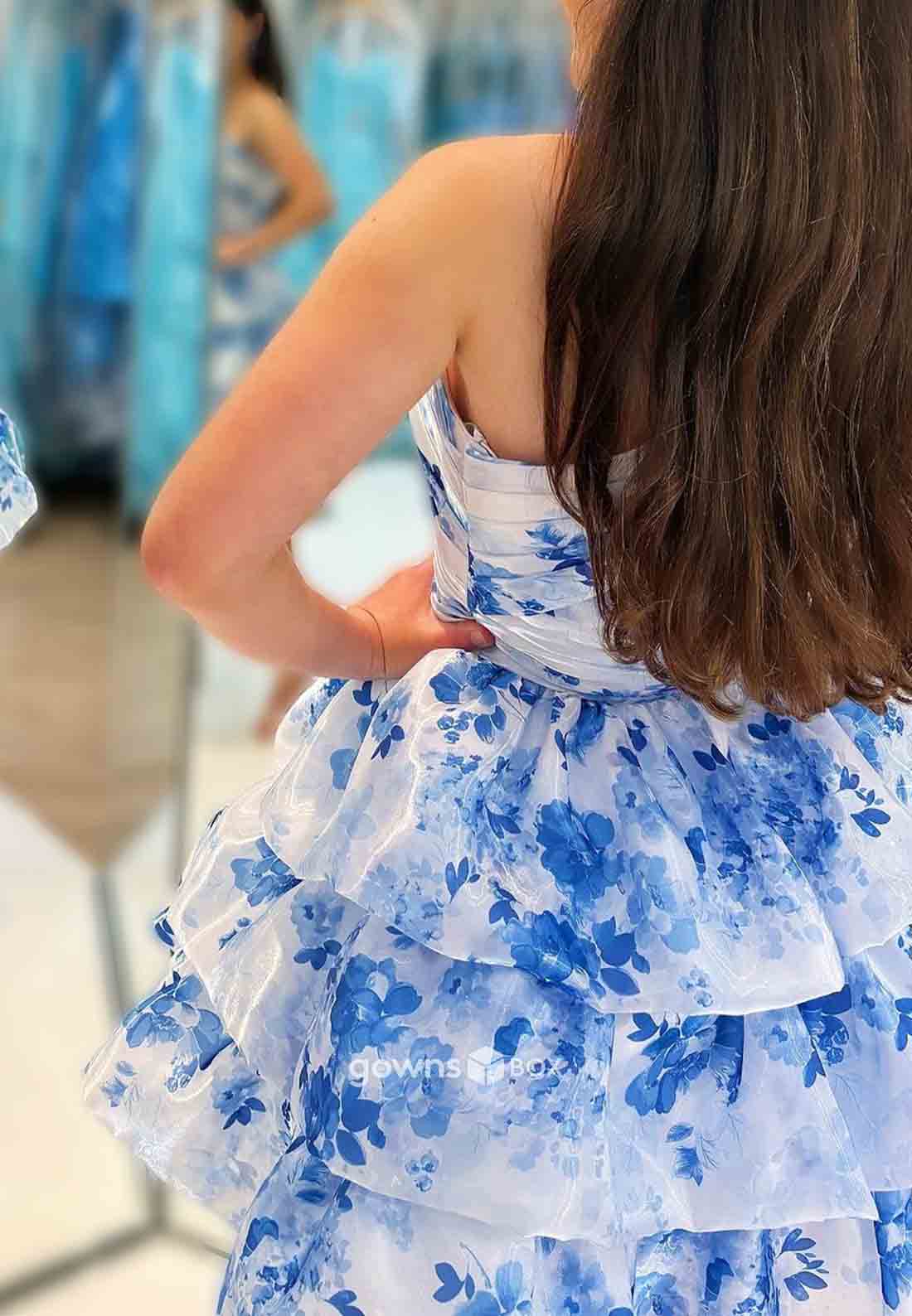 Gorgeous A-Line One Shoulder Blue Printed Short Homecoming Dress with 3D Flowers-GownsBox