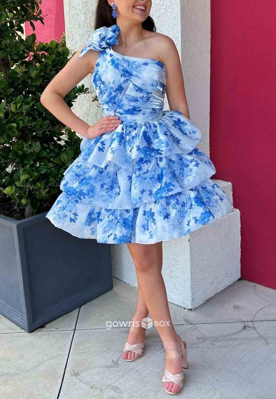 Gorgeous A-Line One Shoulder Blue Printed Short Homecoming Dress with 3D Flowers-GownsBox