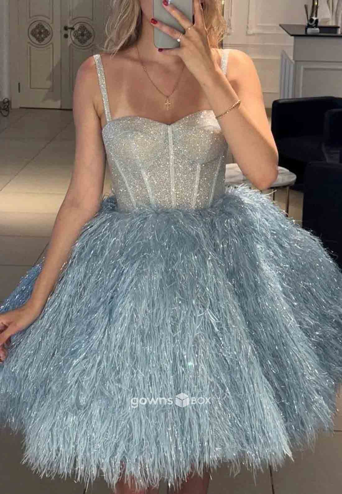 Pretty Princess Sweetheart Blue Corset Feather Homecoming Dress with Beading Ruffles-GownsBox