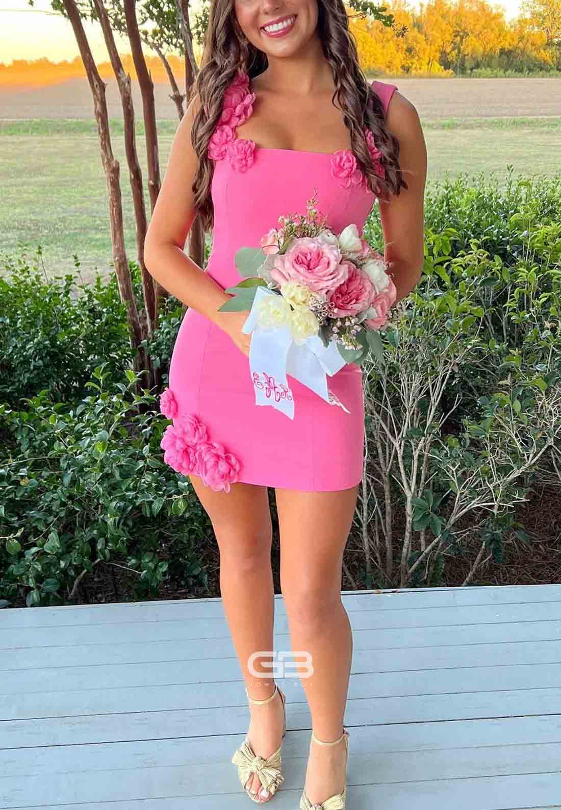 Gorgeous Sheath Square Neck Pink Short Homecoming Dress with 3D Flowers