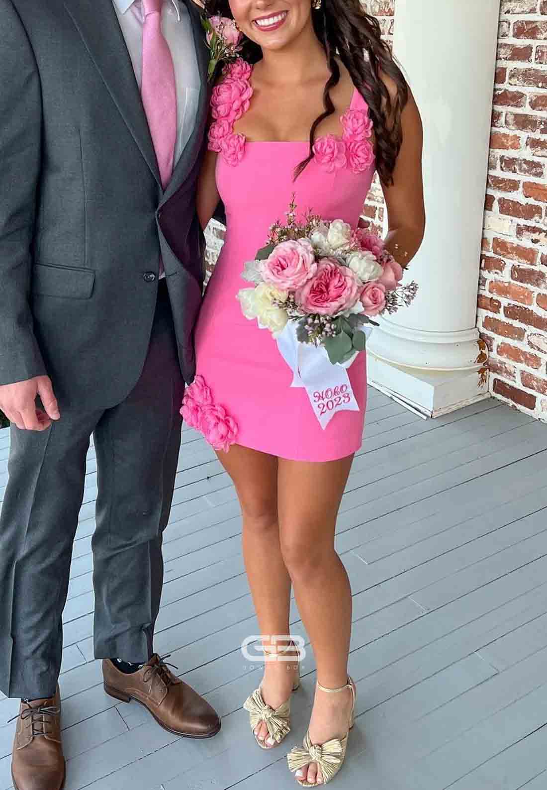 Gorgeous Sheath Square Neck Pink Short Homecoming Dress with 3D Flowers