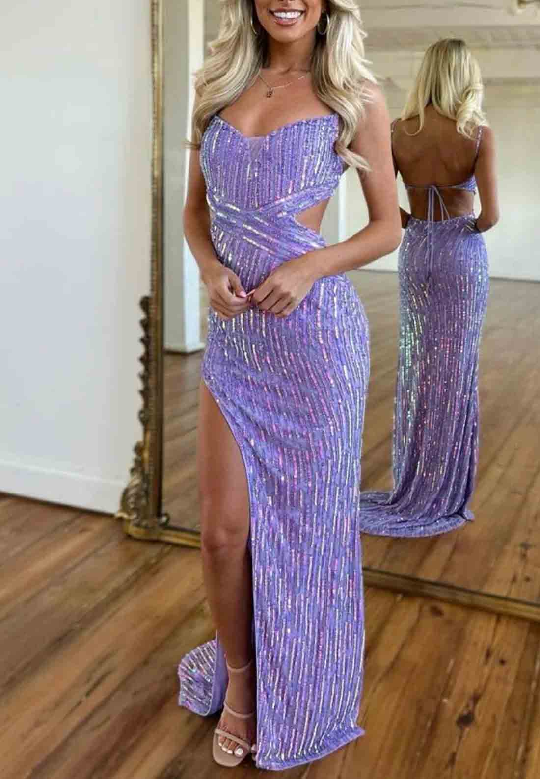 Gorgeous Column Sparkly Open Back Side Slit Long Tie Back Prom Party Dress 