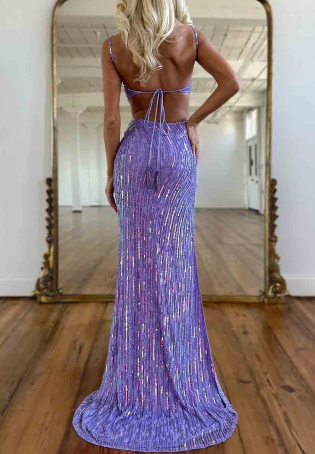 Gorgeous Column Sparkly Open Back Side Slit Long Tie Back Prom Party Dress 