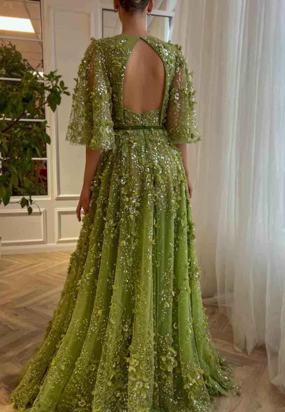 Green A-Line Evening Gowns with V-Neck Flutter Sleeves and Embroidery