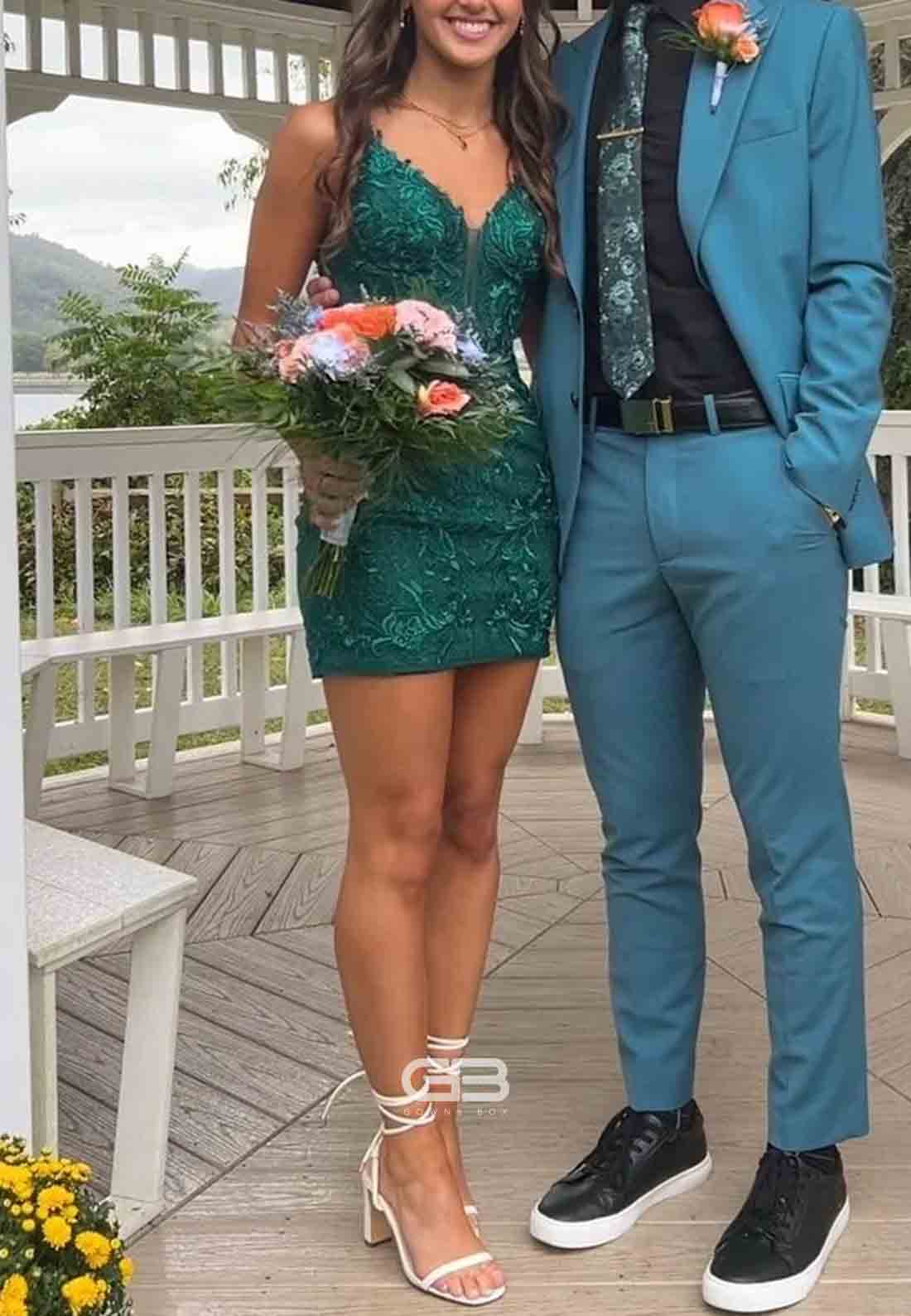 Green Bodycon Spaghetti Straps Lace Crisscross Back Short Homecoming Dresses