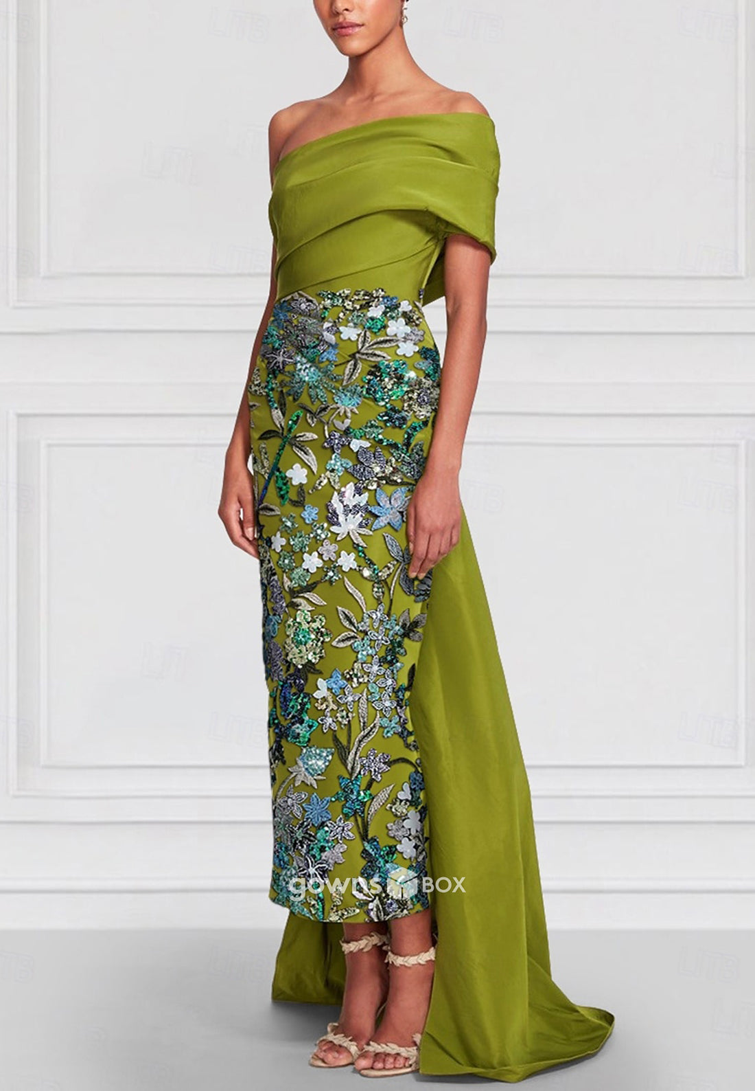 Off-Shoulder Beading Detachable Asymmetrical Pleated Column Mother of the Bride Dresses-GownsBox