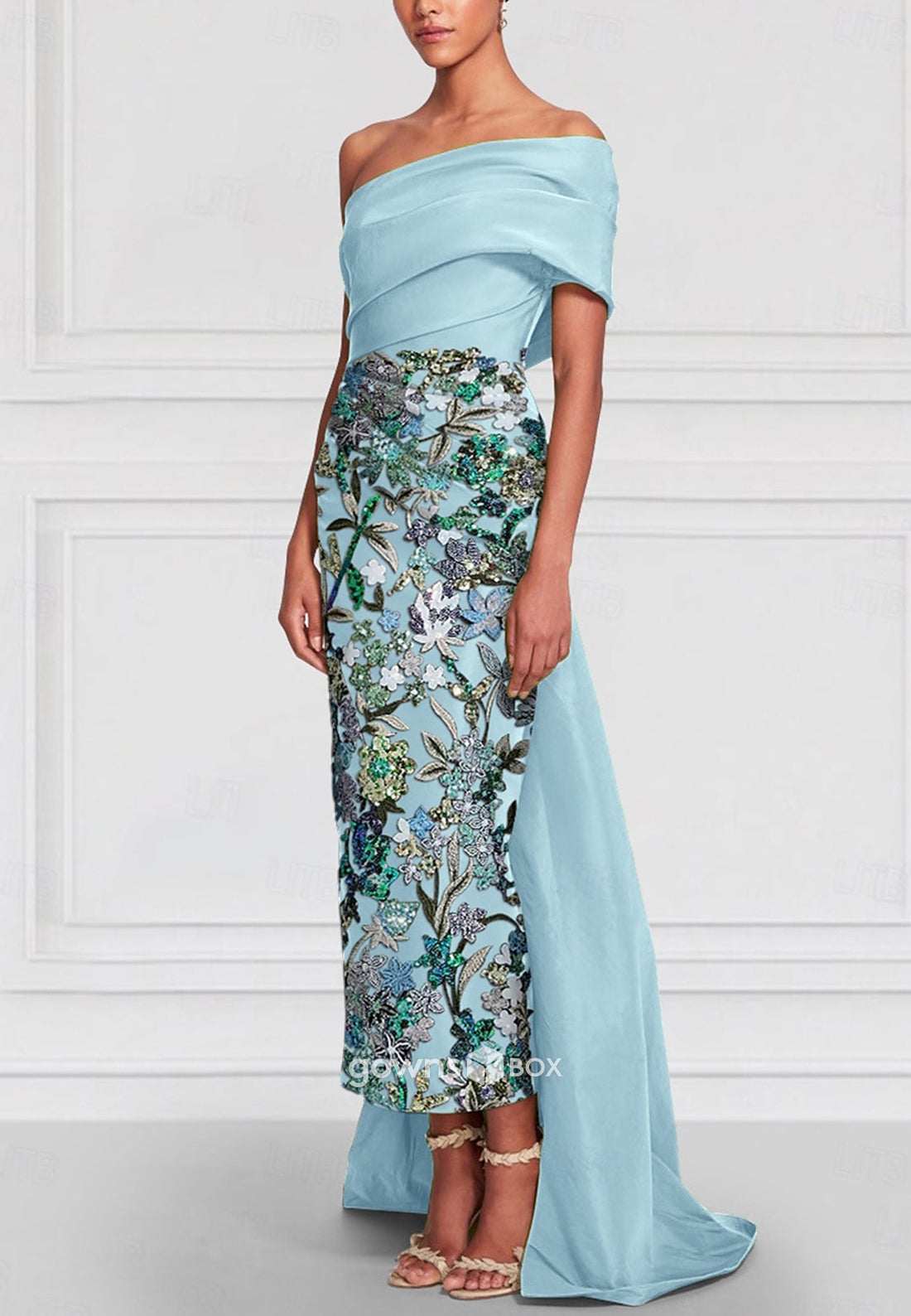 Off-Shoulder Beading Detachable Asymmetrical Pleated Column Mother of the Bride Dresses-GownsBox