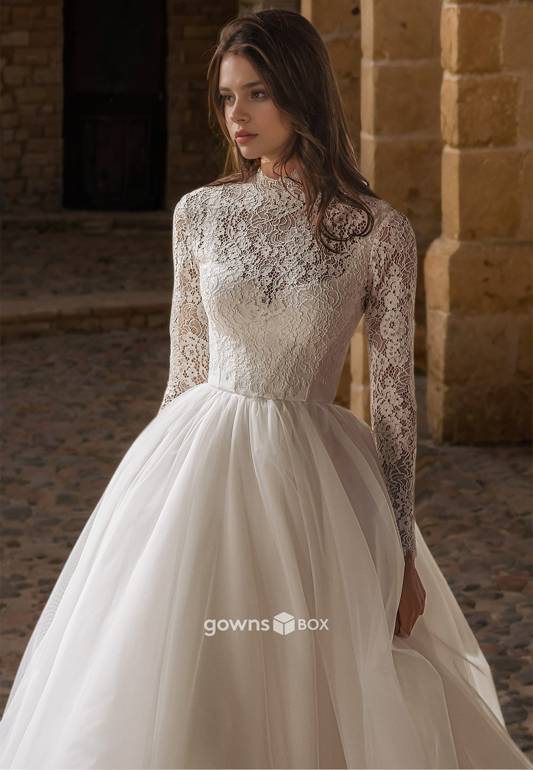 Lace High Neck Long Sleeves A-Line Tulle with Train  Wedding Dress Bride Gown-GownsBox