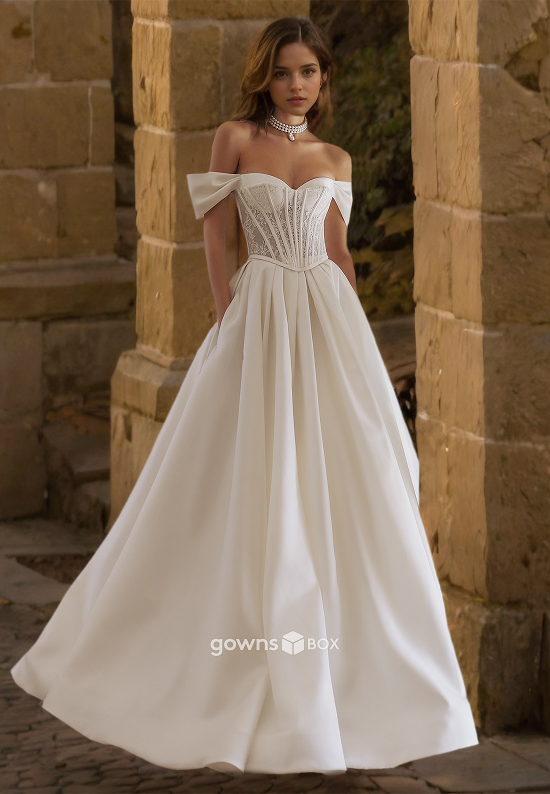 Sheer Corset Applique Off-Shoulder A-Line Wedding Dress Bride Gown-GownsBox