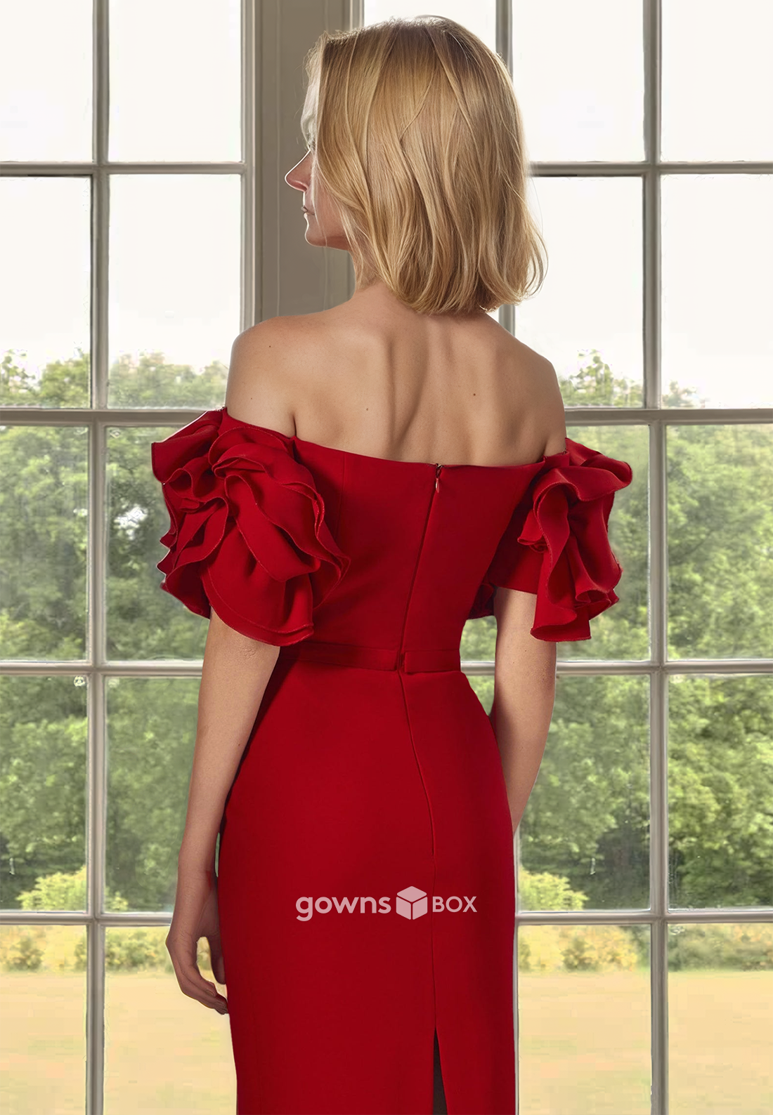 Red Satin Fitted Empire Floral Sleeves with Slit Mother of the Bride Dress-GownsBox