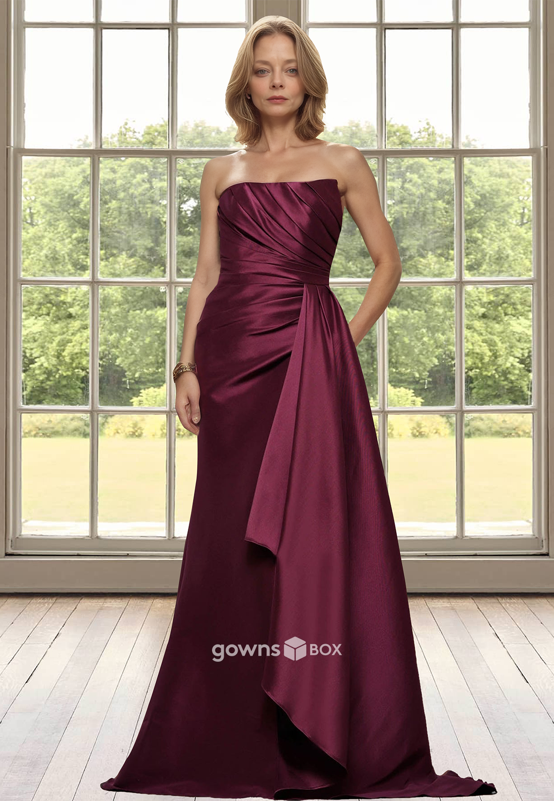 Strapless A-Line Satin Ruched Long Mother of the Bride Wedding Guest Dress-GownsBox
