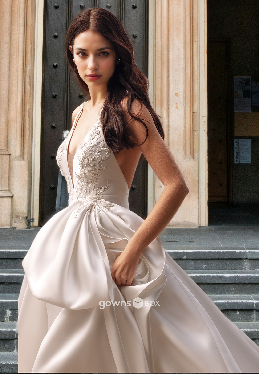 Chic Deep V-Neck Bow Applique Sleeveless A-Line Satin Wedding Dress-GownsBox