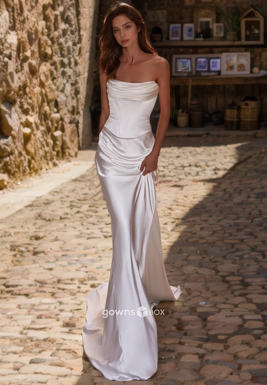 Chic Ruched Bateau Satin with Slit Trumpet Bride Wedding Dress 2025-GownsBox