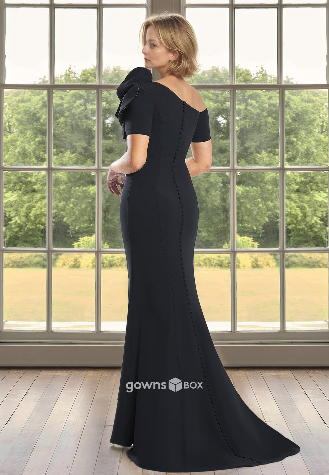 Ruched Asymmetrical Sleeves Sheath Satin Mother of the Bride Dress 2025-GownsBox