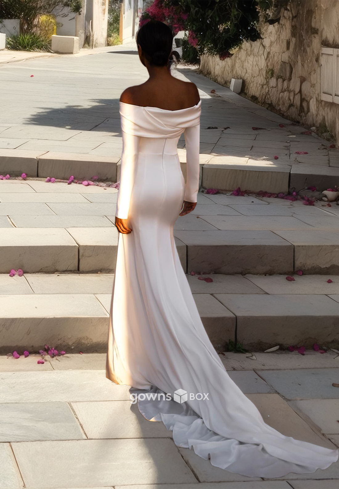 Off-Shoulder Long Sleeves Trumpet with Train Satin Bride Wedding Dress Gown-GownsBox