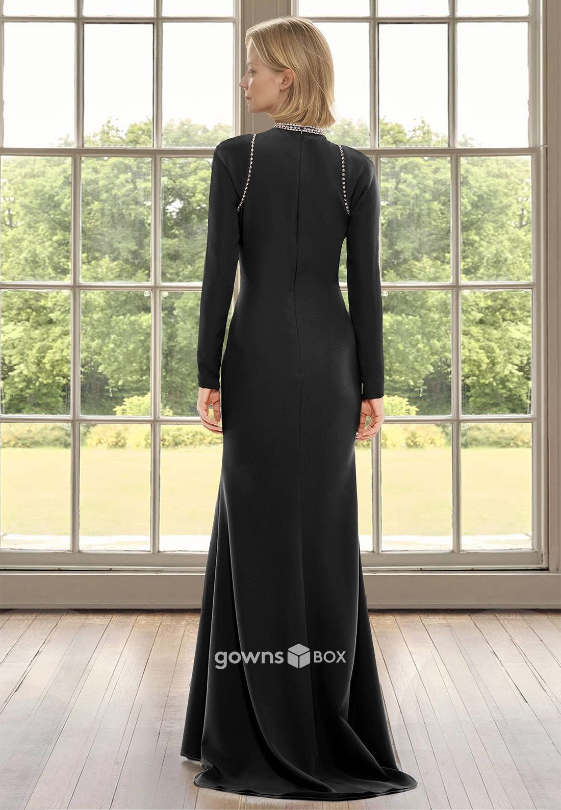 High Neck Black Sleeves Beaded Trumpet Wedding Guest Dress-GownsBox