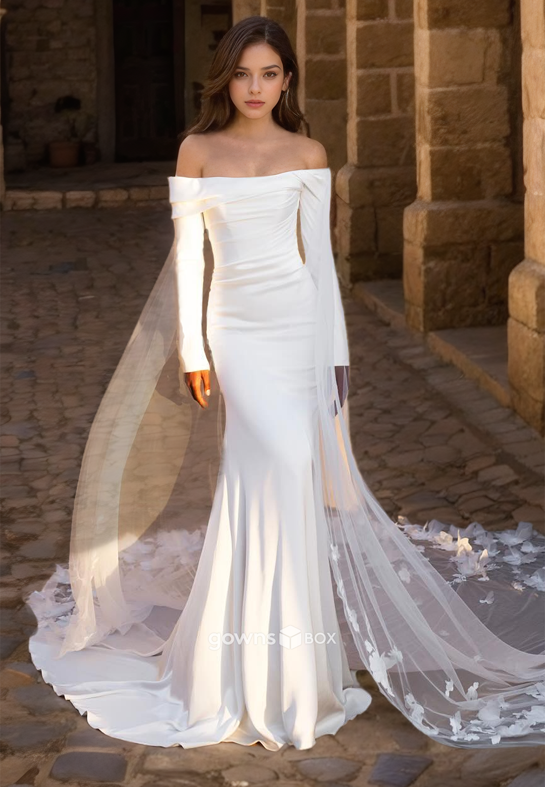 Off-Shoulder Long Sleeves Trumpet with Train Satin Bride Wedding Dress Gown-GownsBox