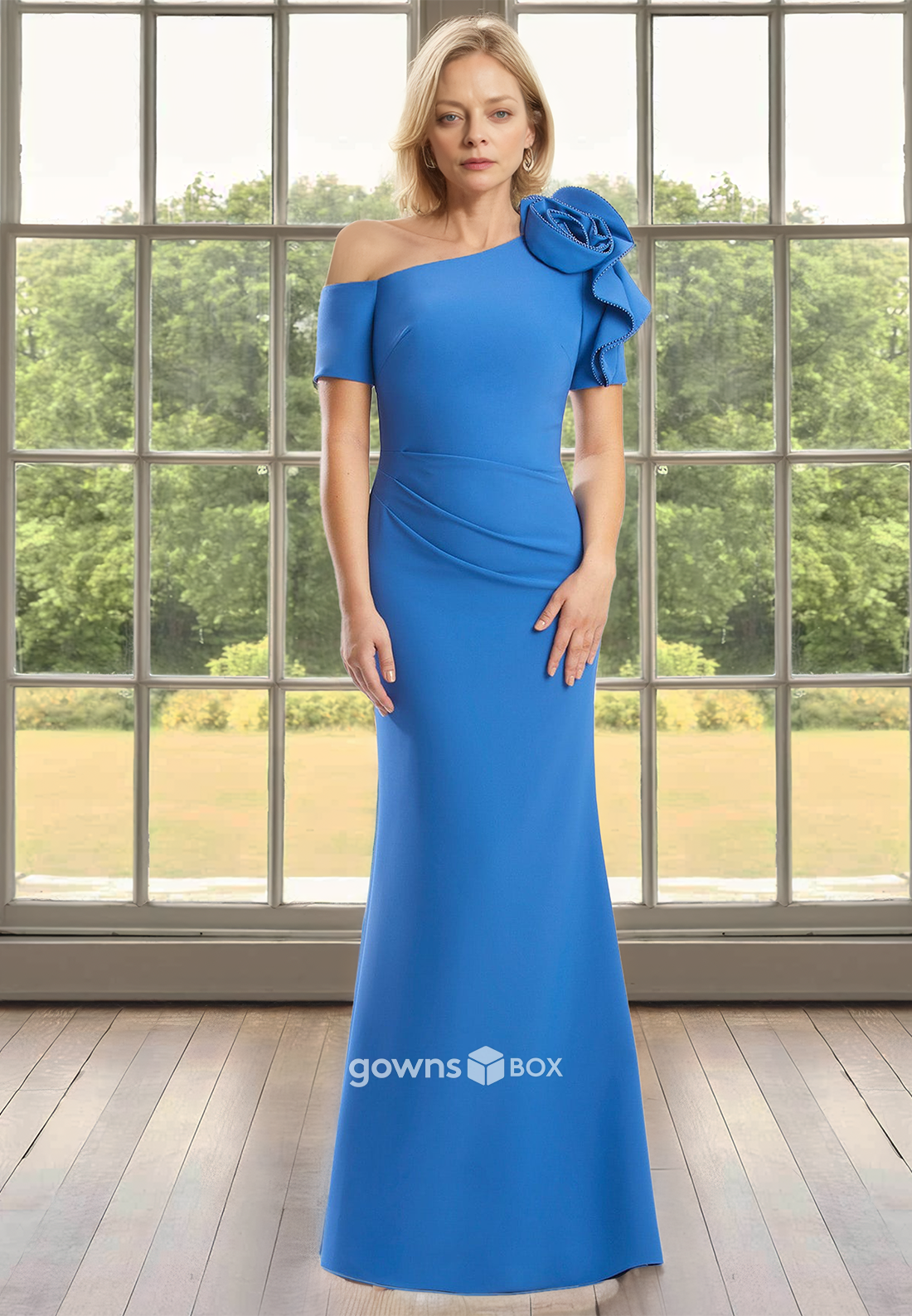 Ruched Asymmetrical Sleeves Sheath Satin Mother of the Bride Dress 2025-GownsBox