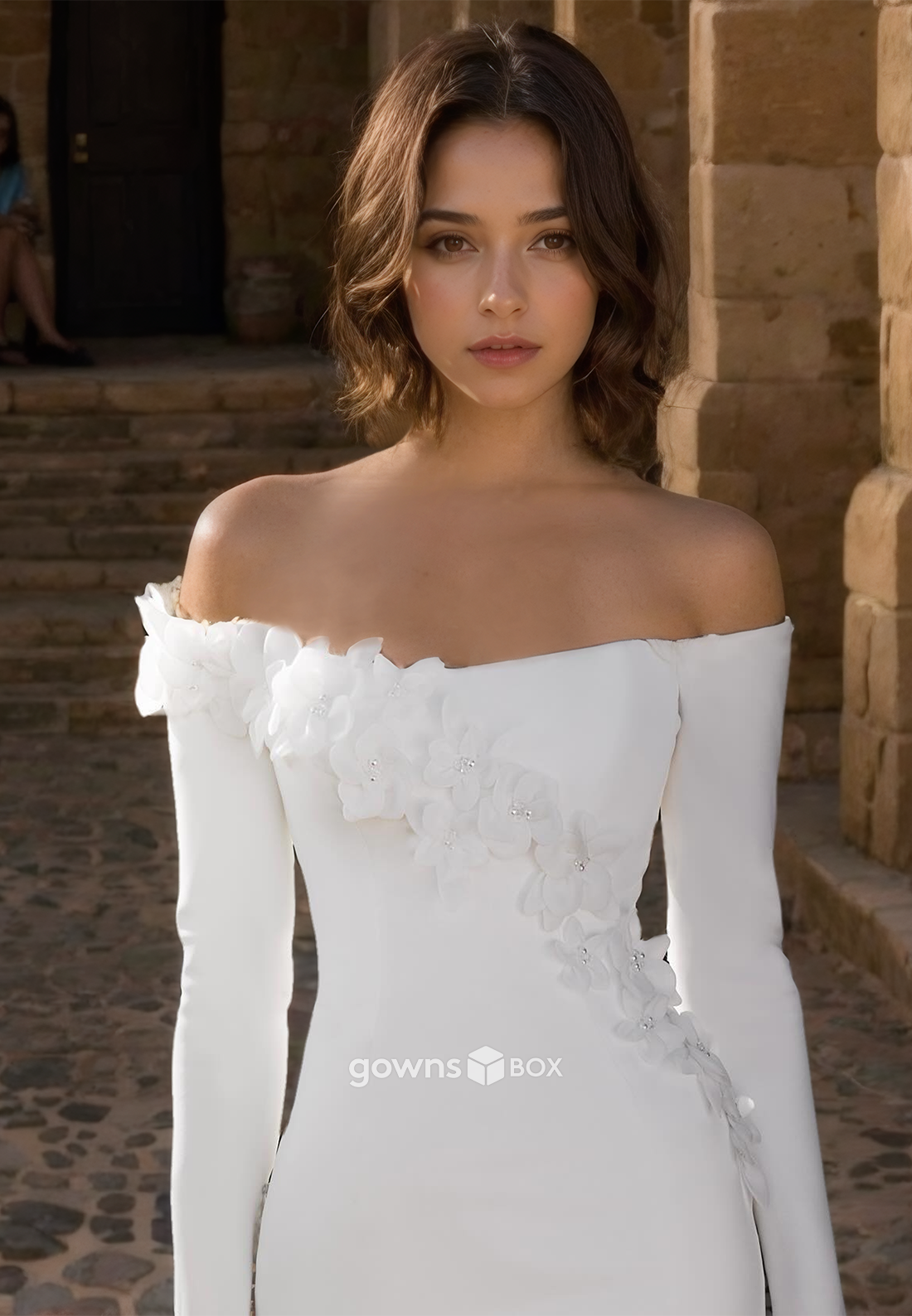 Floral Off-Shoulder Long Sleeves Mermaid with Train Satin  Wedding Dress-GownsBox