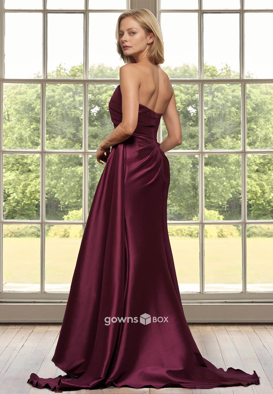 Strapless A-Line Satin Ruched Long Mother of the Bride Wedding Guest Dress-GownsBox