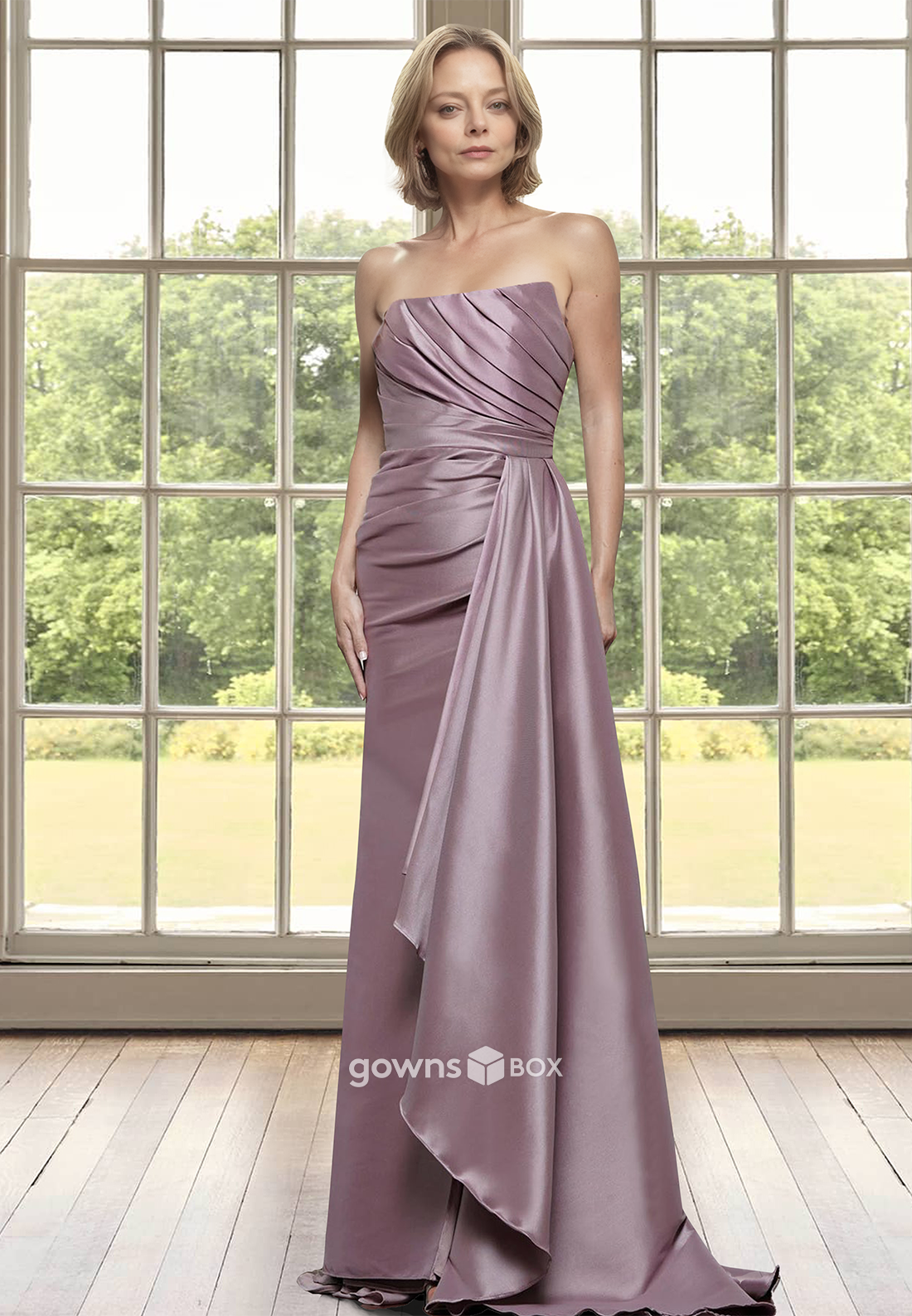 Strapless A-Line Satin Ruched Long Mother of the Bride Wedding Guest Dress-GownsBox