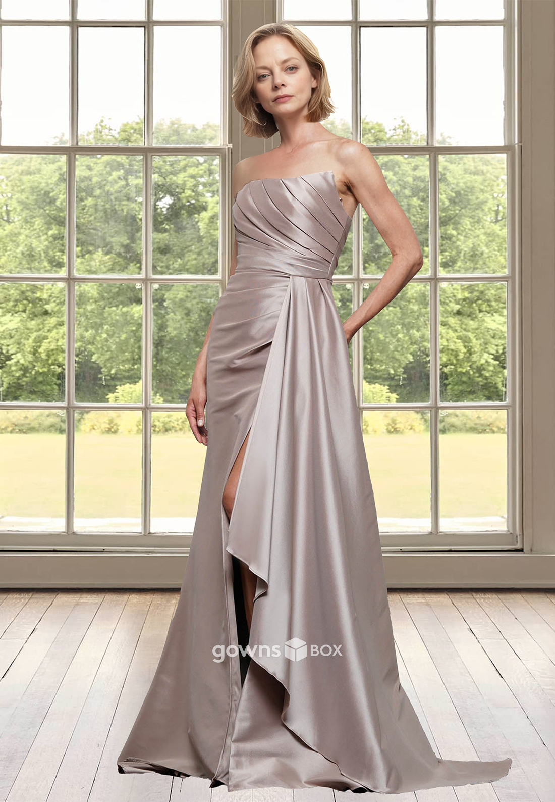 Strapless A-Line Satin Ruched Long Mother of the Bride Wedding Guest Dress-GownsBox