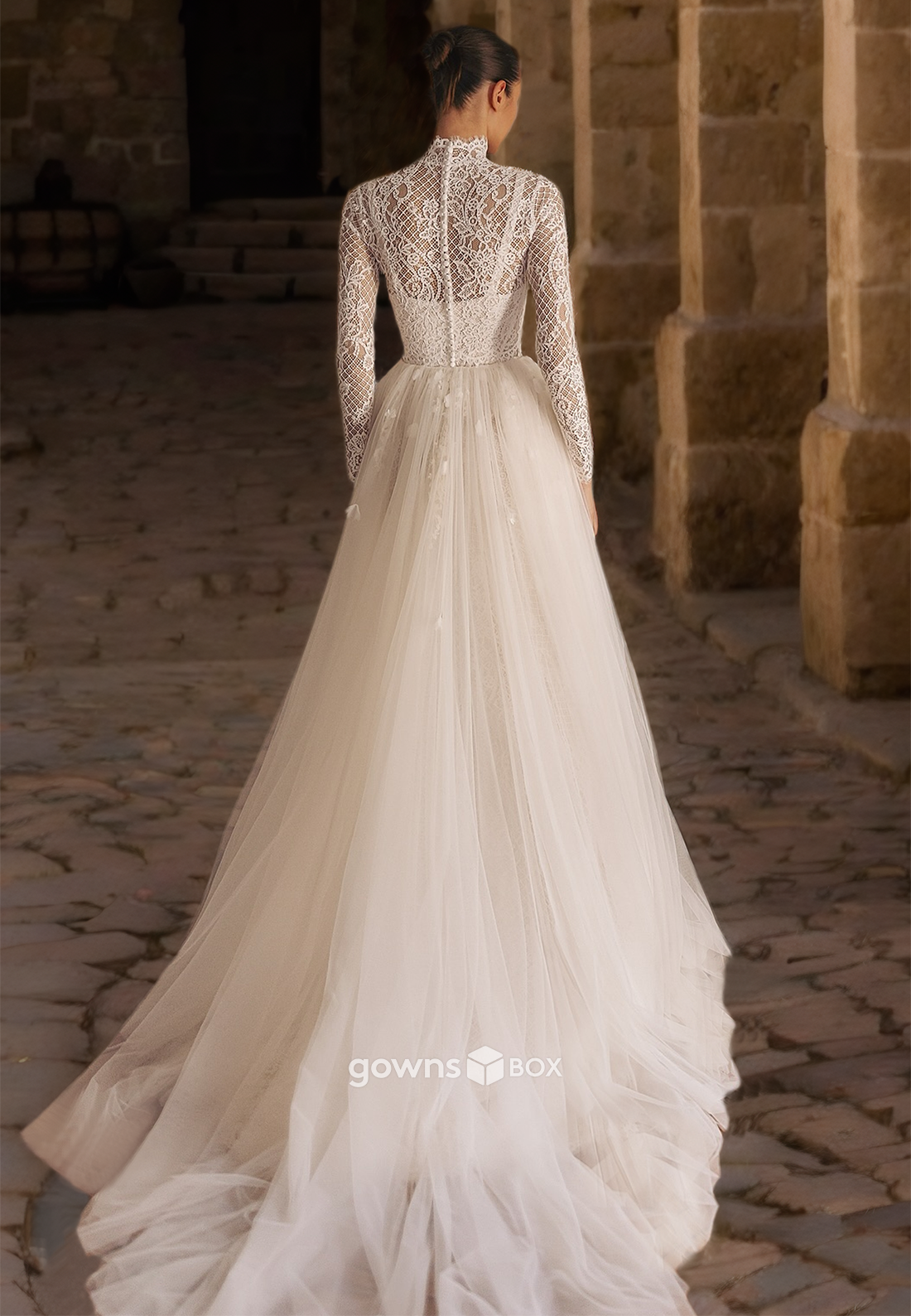 Lace High Neck Long Sleeves A-Line Tulle with Train  Wedding Dress Bride Gown-GownsBox