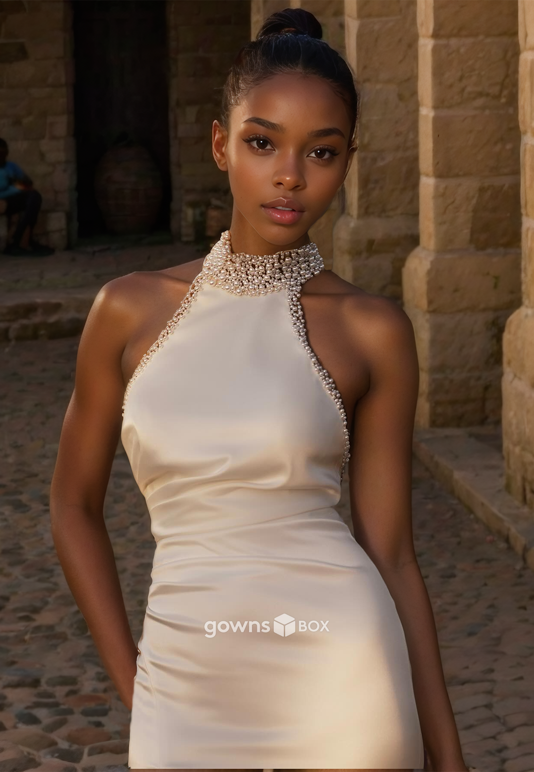 Sexy High Neck Beaded Sleeveless with Slit Sheath Satin Wedding Dress-GownsBox