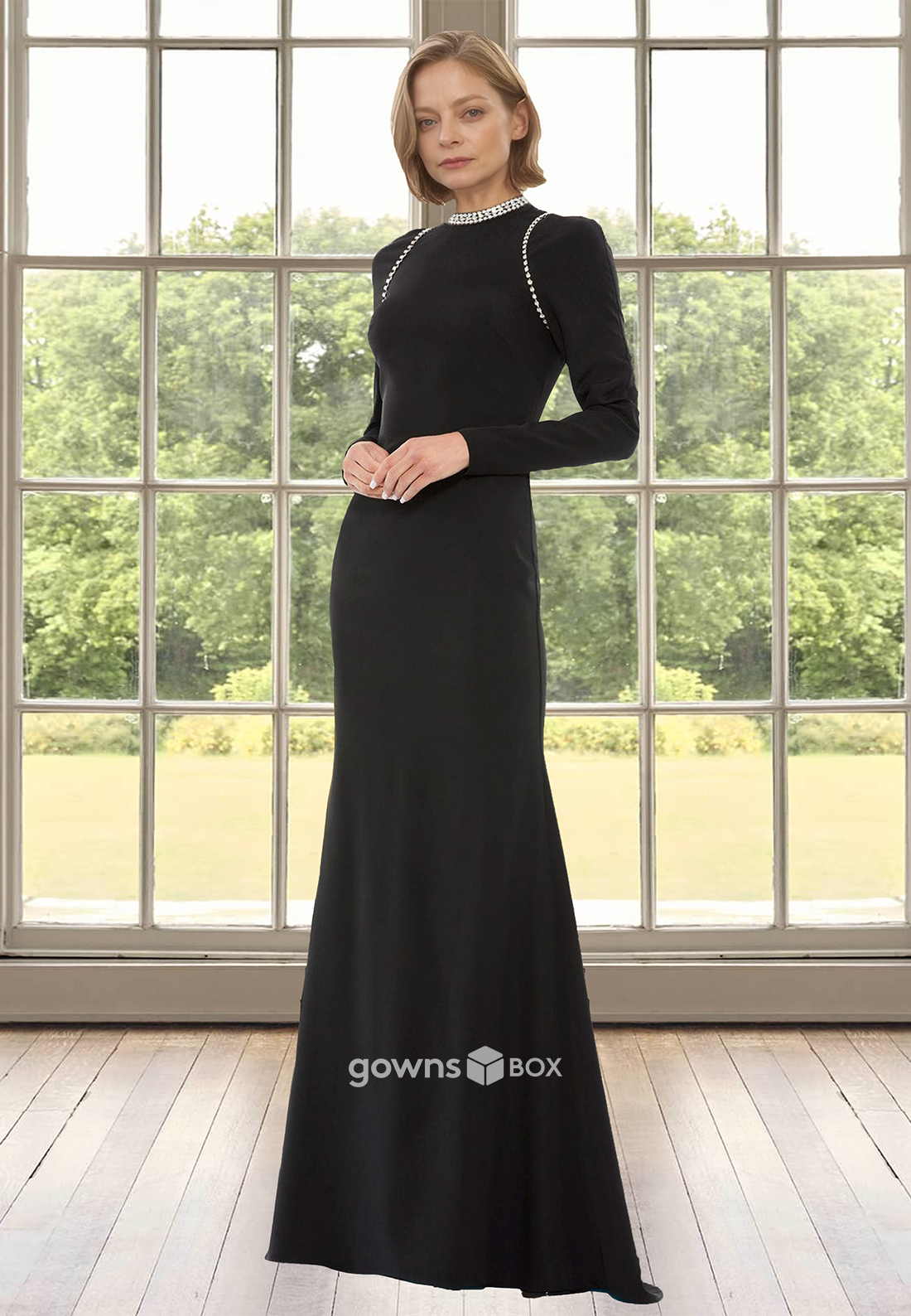 High Neck Black Sleeves Beaded Trumpet Wedding Guest Dress-GownsBox