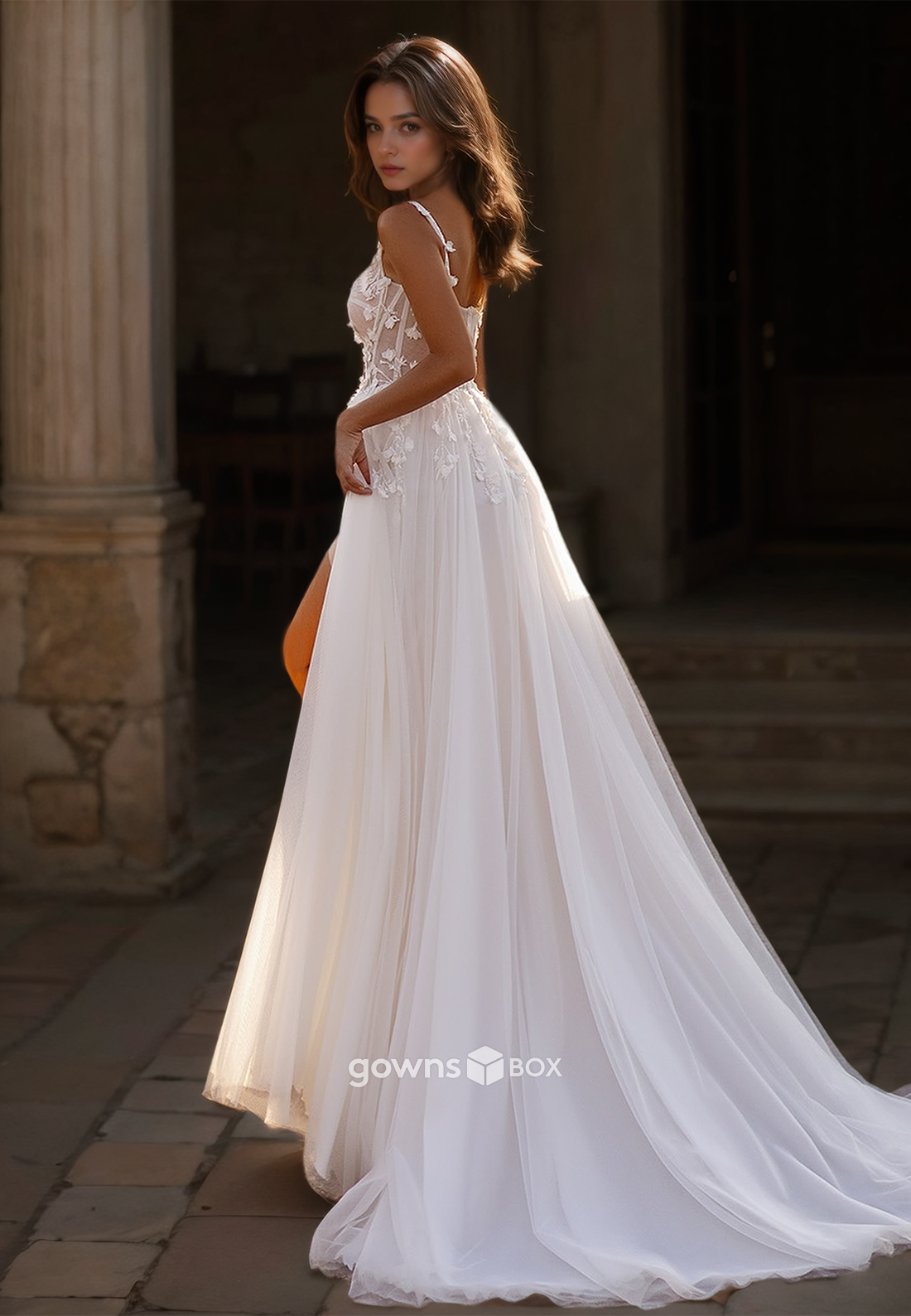 Sexy Corset Spaghetti Straps Applique Tulle A-Line with Slit Wedding Dress-GownsBox