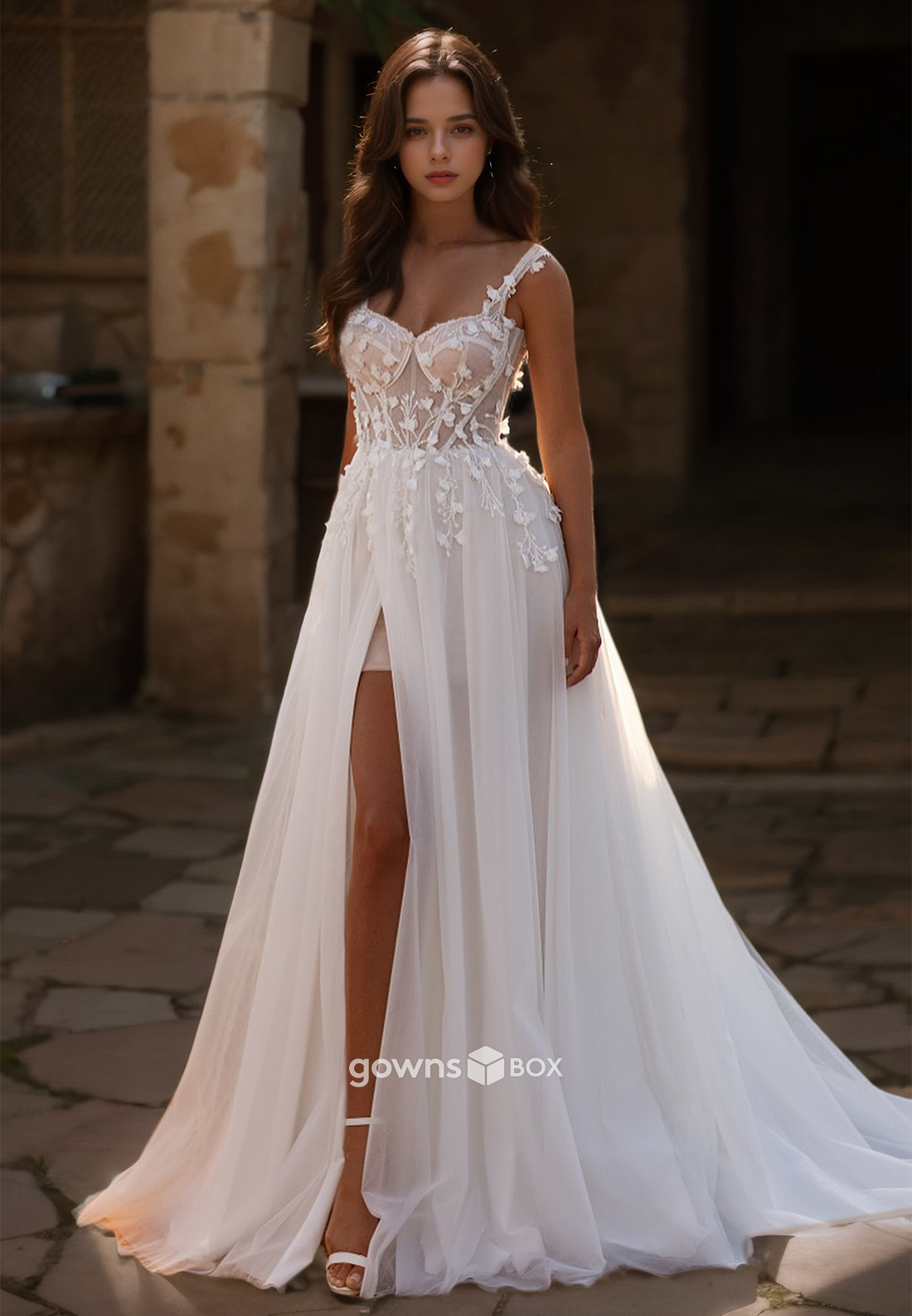 Sexy Corset Spaghetti Straps Applique Tulle A-Line with Slit Wedding Dress-GownsBox