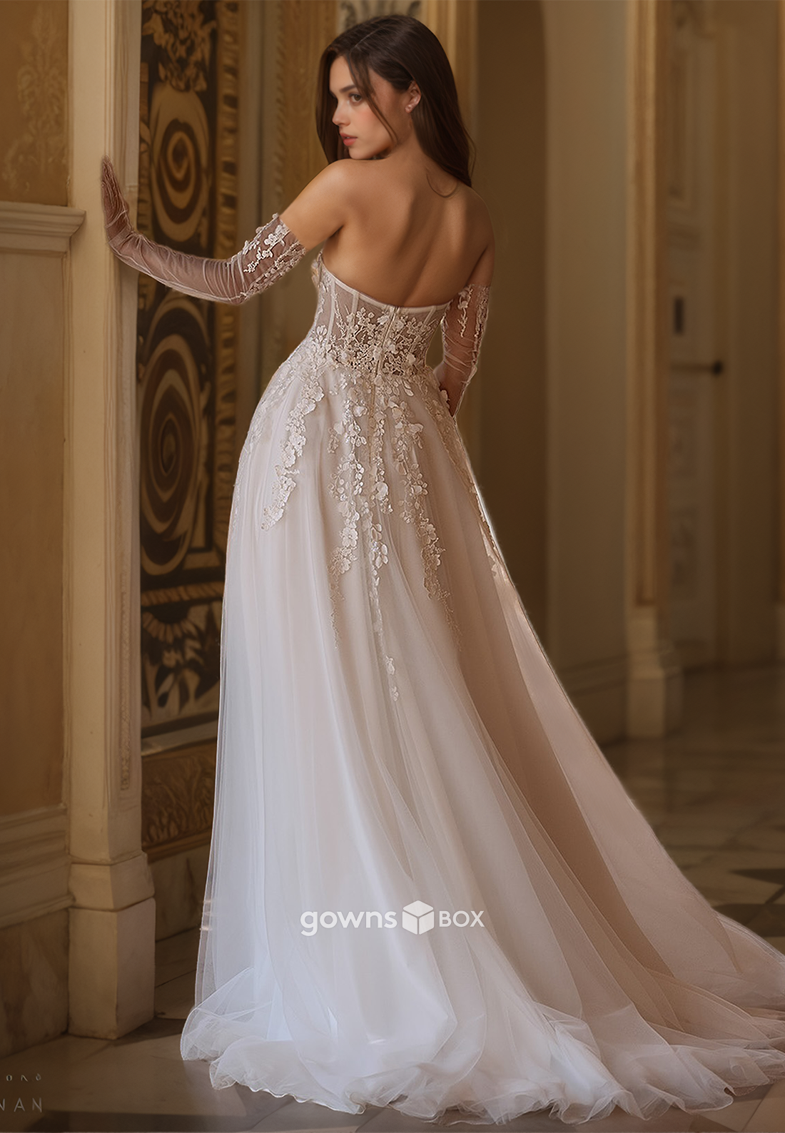 Sweetheart Lace Applique A-Line Tulle Floor-Length Bridial Wedding Dress-GownsBox