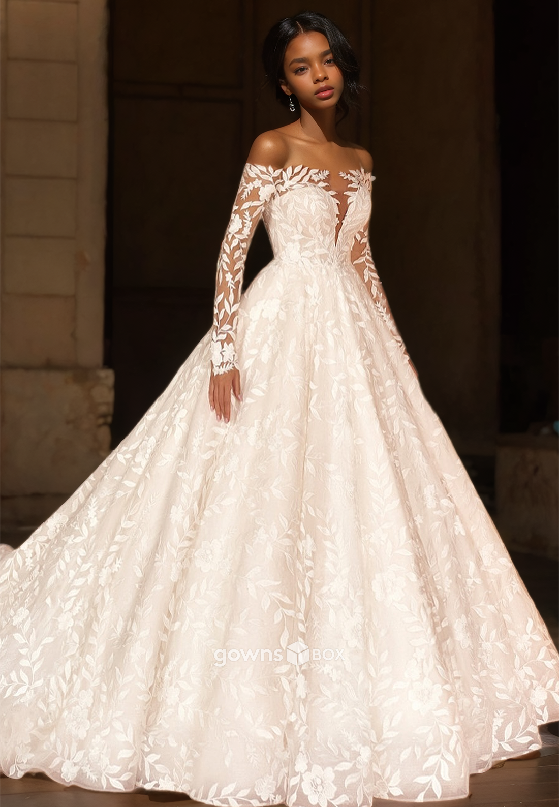 Full Applique Tulle A-Line with Sheer Long Sleeves Bridial Wedding Dress-GownsBox