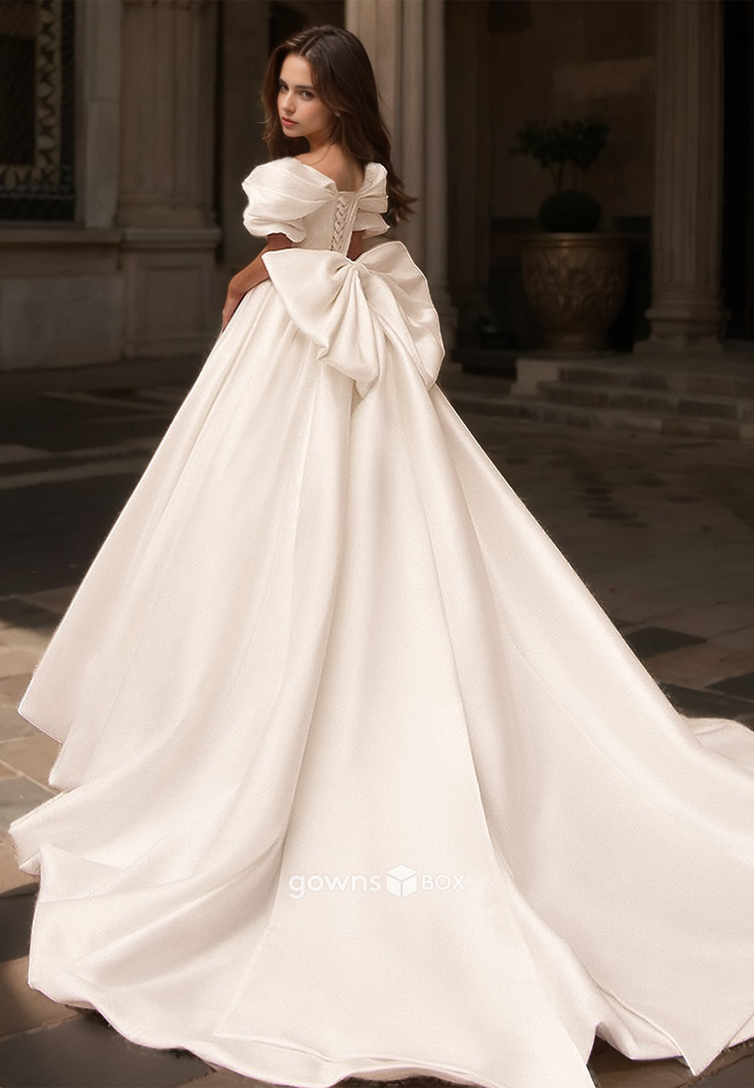Ruched with Bow Off-Shoulder A-Line Satin Bridial Wedding Dress 2025-GownsBox