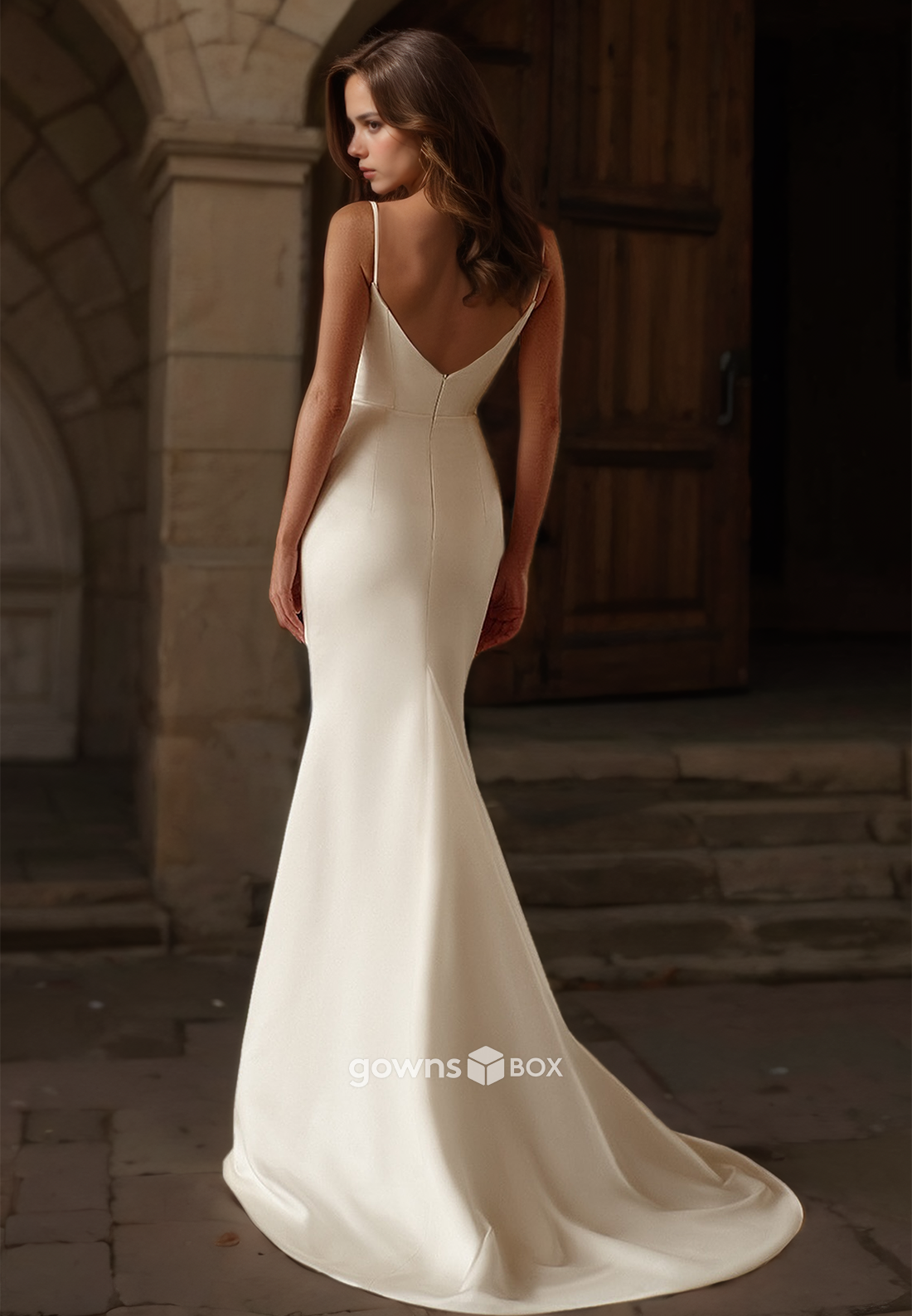 Satin V-Neck Spaghetti Straps Trumpet 3D Flowers Train Wedding Dress-GownsBox