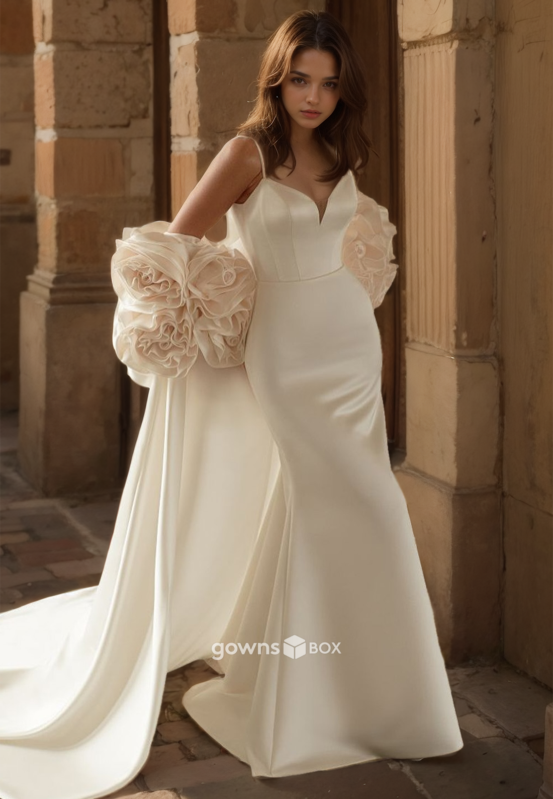 Satin V-Neck Spaghetti Straps Trumpet 3D Flowers Train Wedding Dress-GownsBox