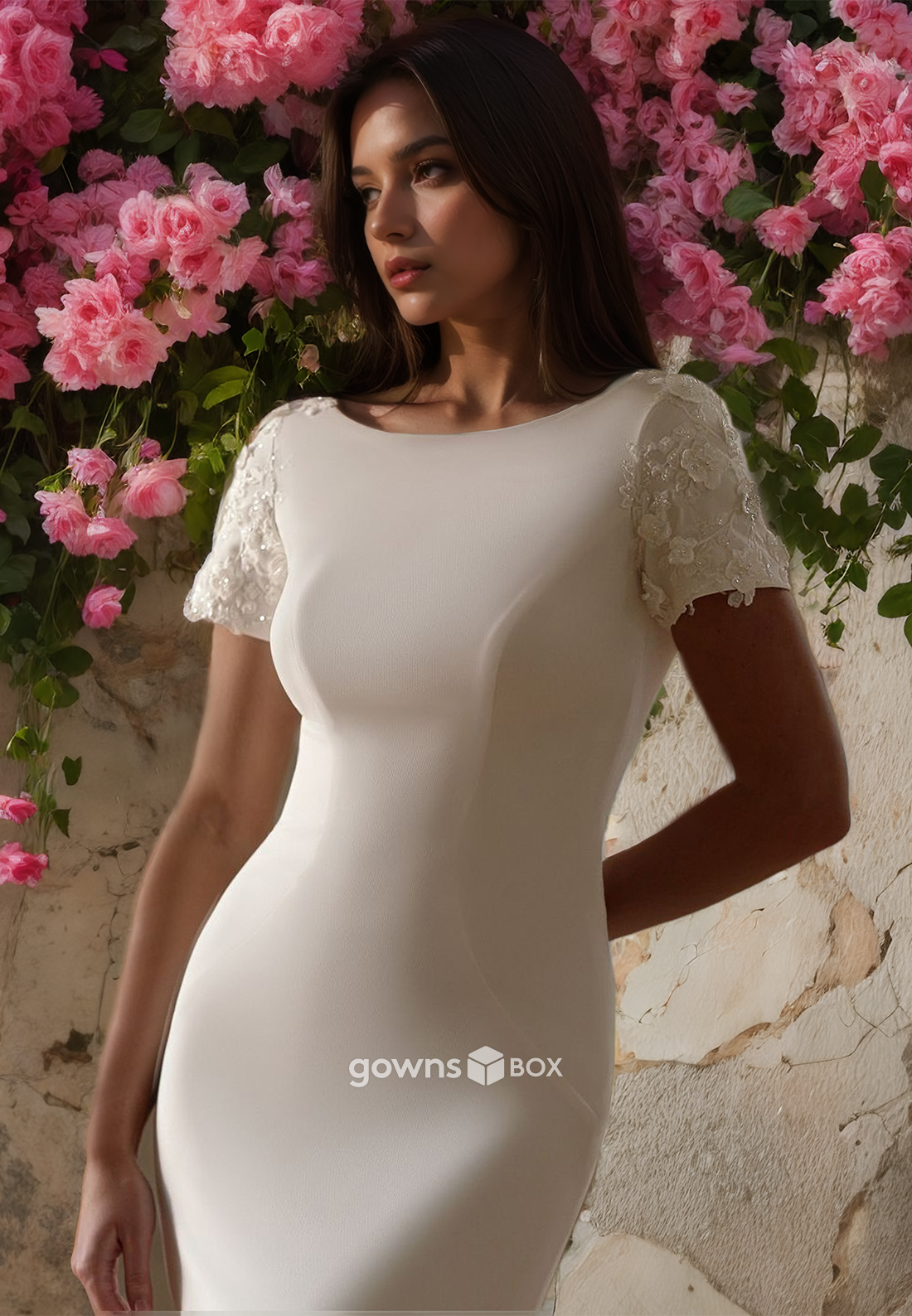 Fitted Applique Short Sleeves Mermaid Satin Bridial Wedding Dress-GownsBox