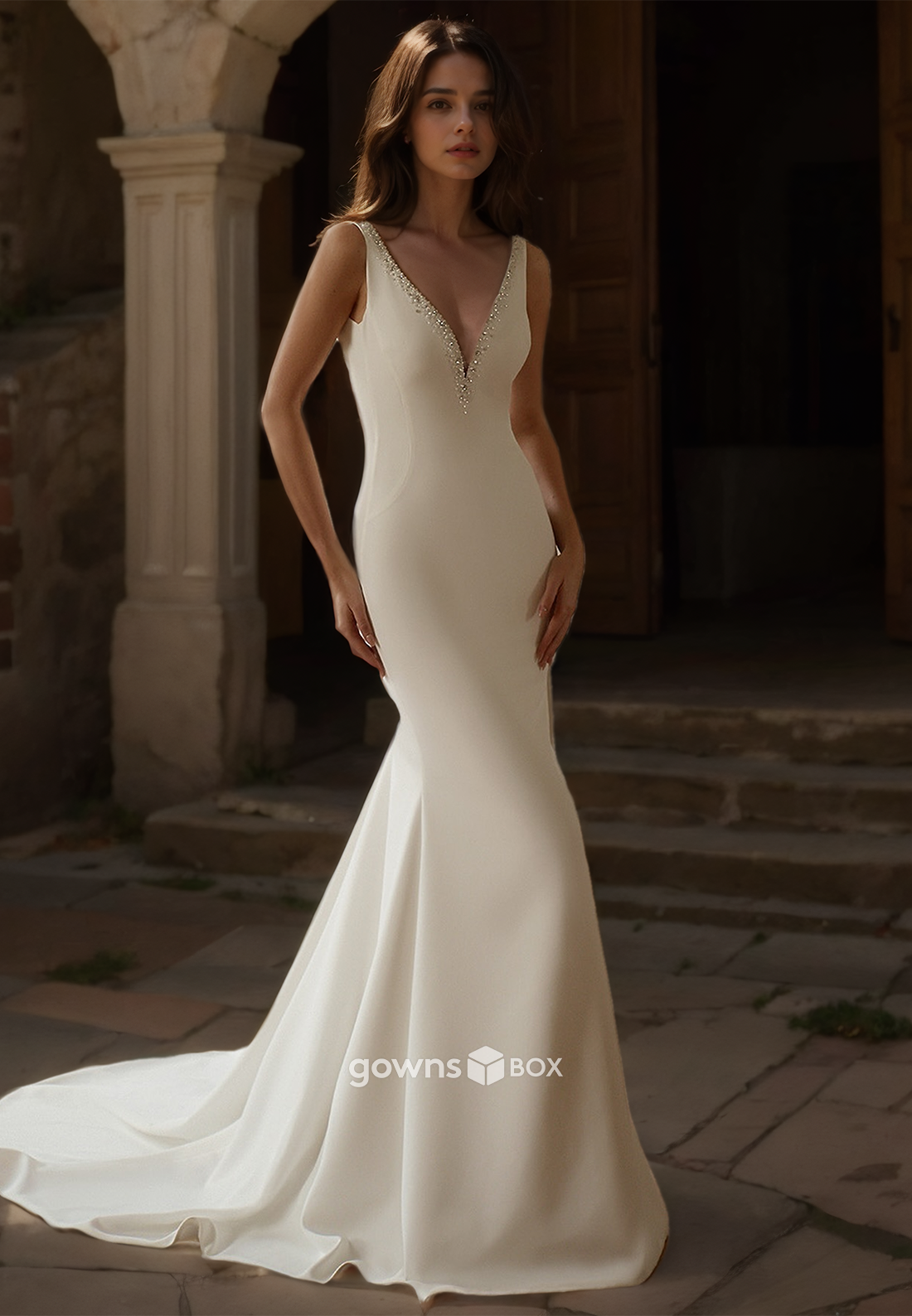 Spaghetti Straps Beaded V-Neck with Train Satin Bridial Wedding Dress-GownsBox