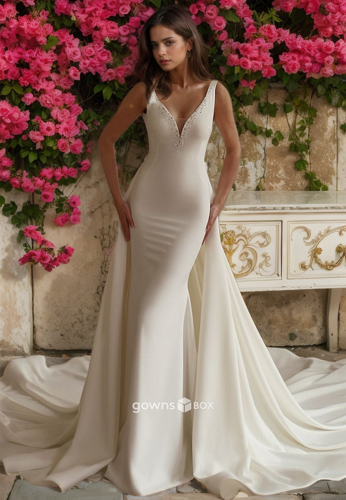 Spaghetti Straps Beaded V-Neck with Train Satin Bridial Wedding Dress-GownsBox