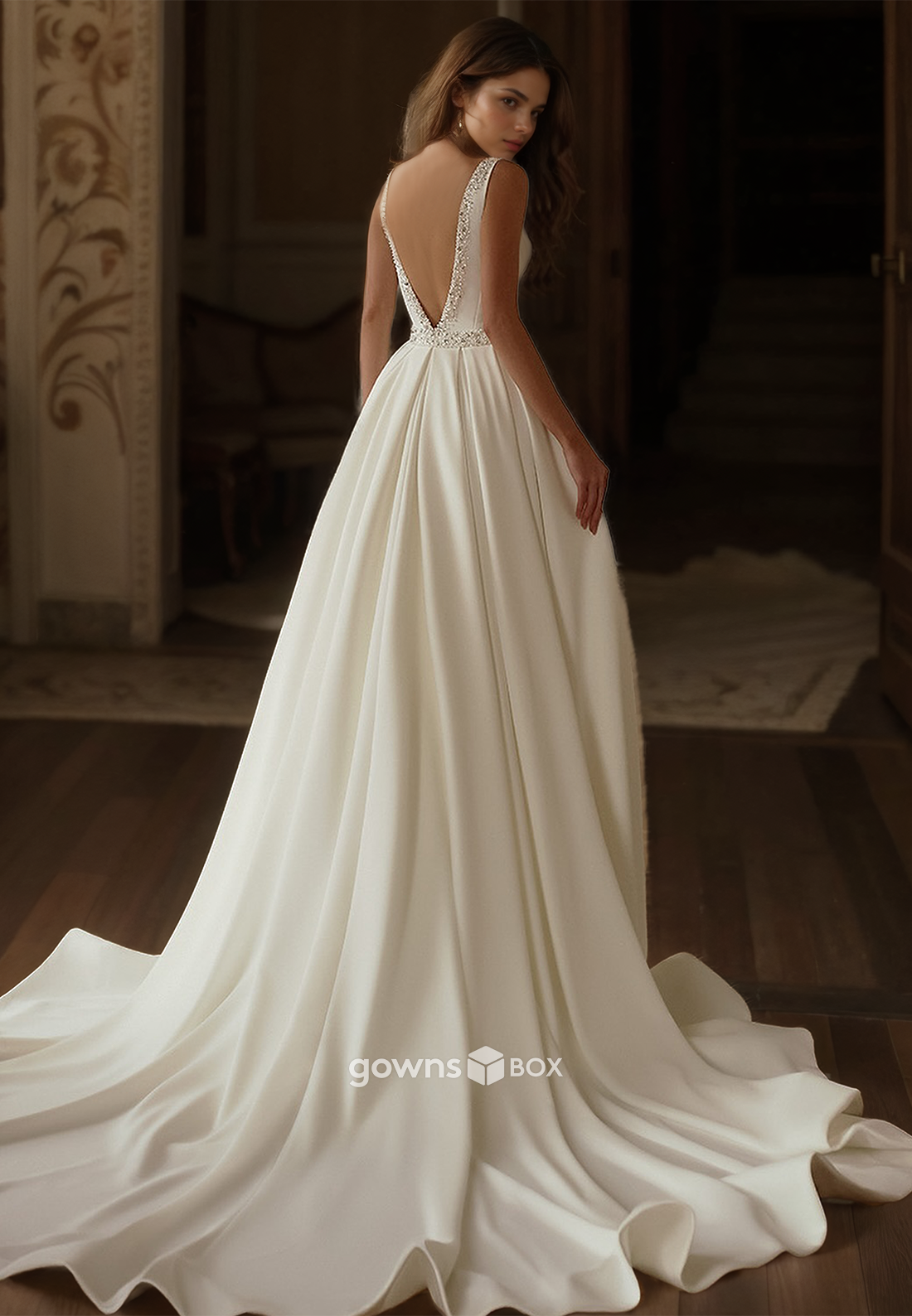 Spaghetti Straps Beaded V-Neck with Train Satin Bridial Wedding Dress-GownsBox