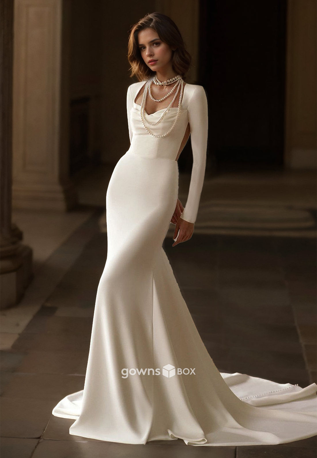 Sexy Open Back Satin Square Long Sleeves Trumpet with Train Wedding Dress-GownsBox
