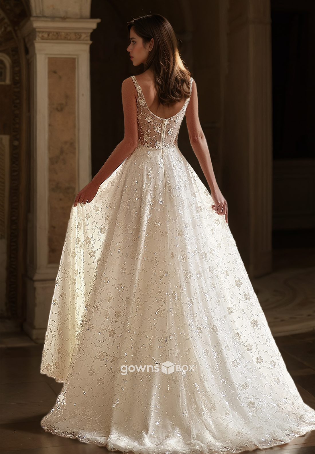 Floral Spaghetti Straps Square A-Line with Slit Tulle Bridial Wedding Dress-GownsBox