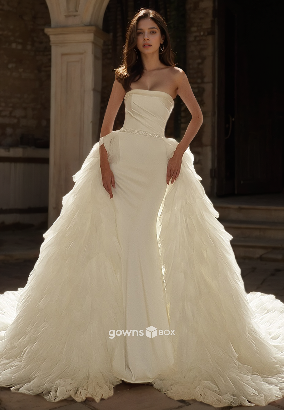 Chic Fitted Strapless Sheath Satin Wedding Dress with Large Tulle Trian-GownsBox