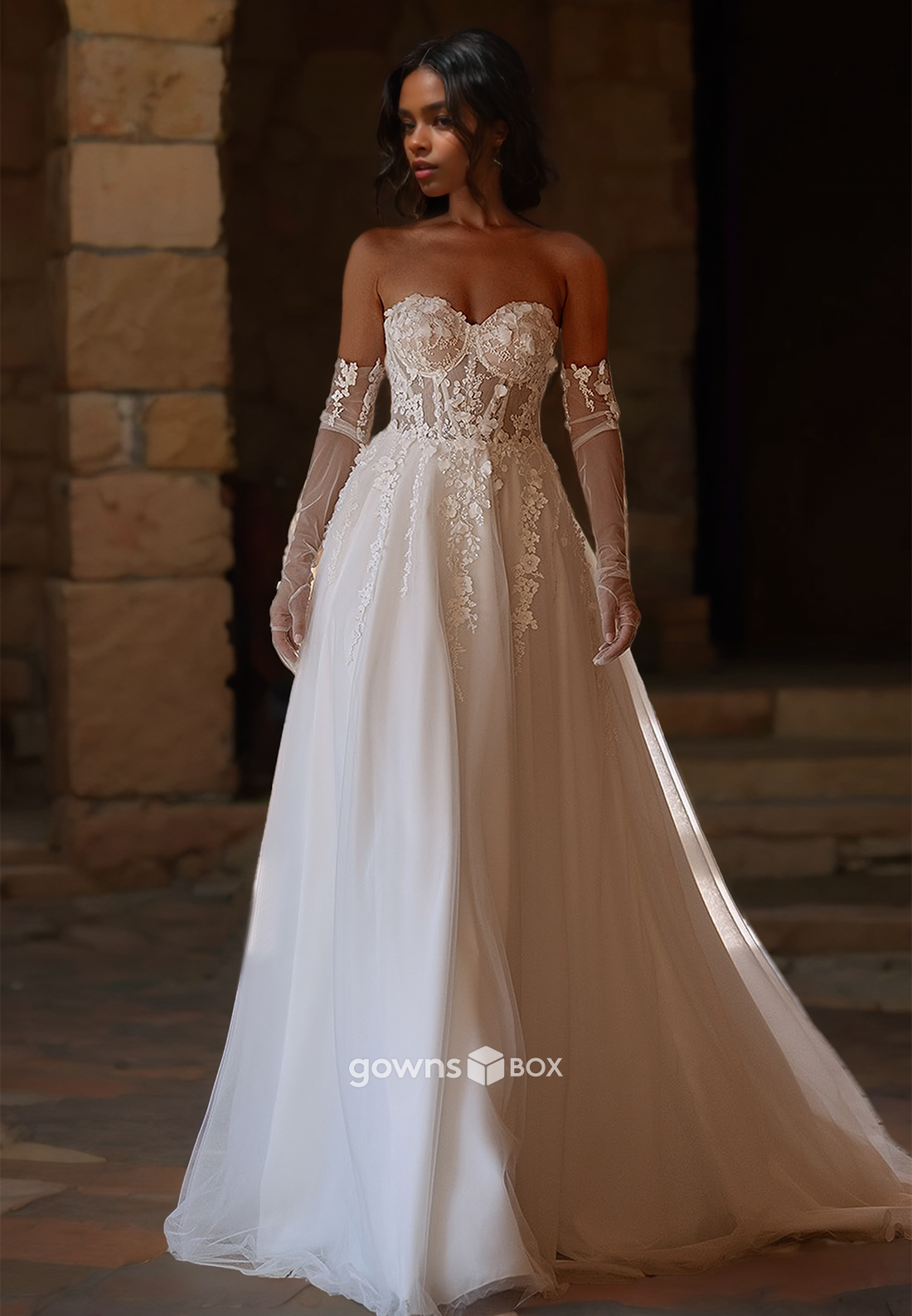 Sweetheart Lace Applique A-Line Tulle Floor-Length Bridial Wedding Dress-GownsBox