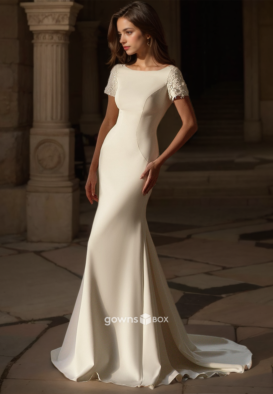 Fitted Applique Short Sleeves Mermaid Satin Bridial Wedding Dress-GownsBox