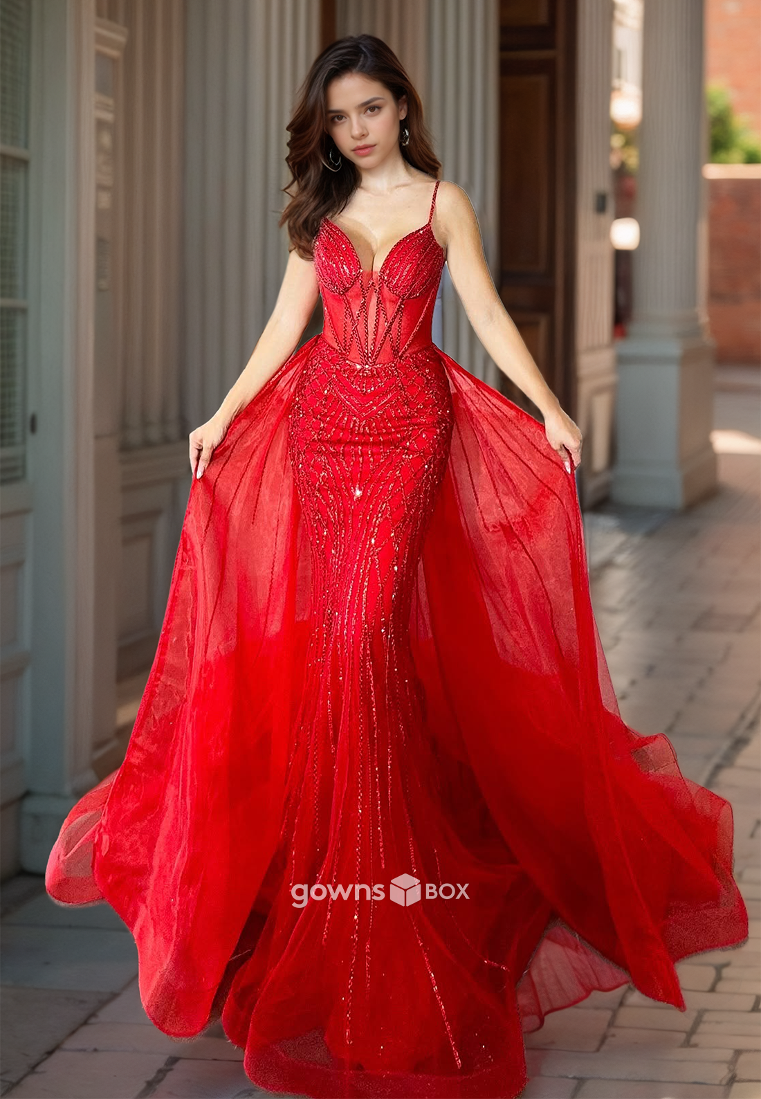 Sexy Red Spaghetti Straps Mermaid with Train Evening Dress Formal Gown-GownsBox
