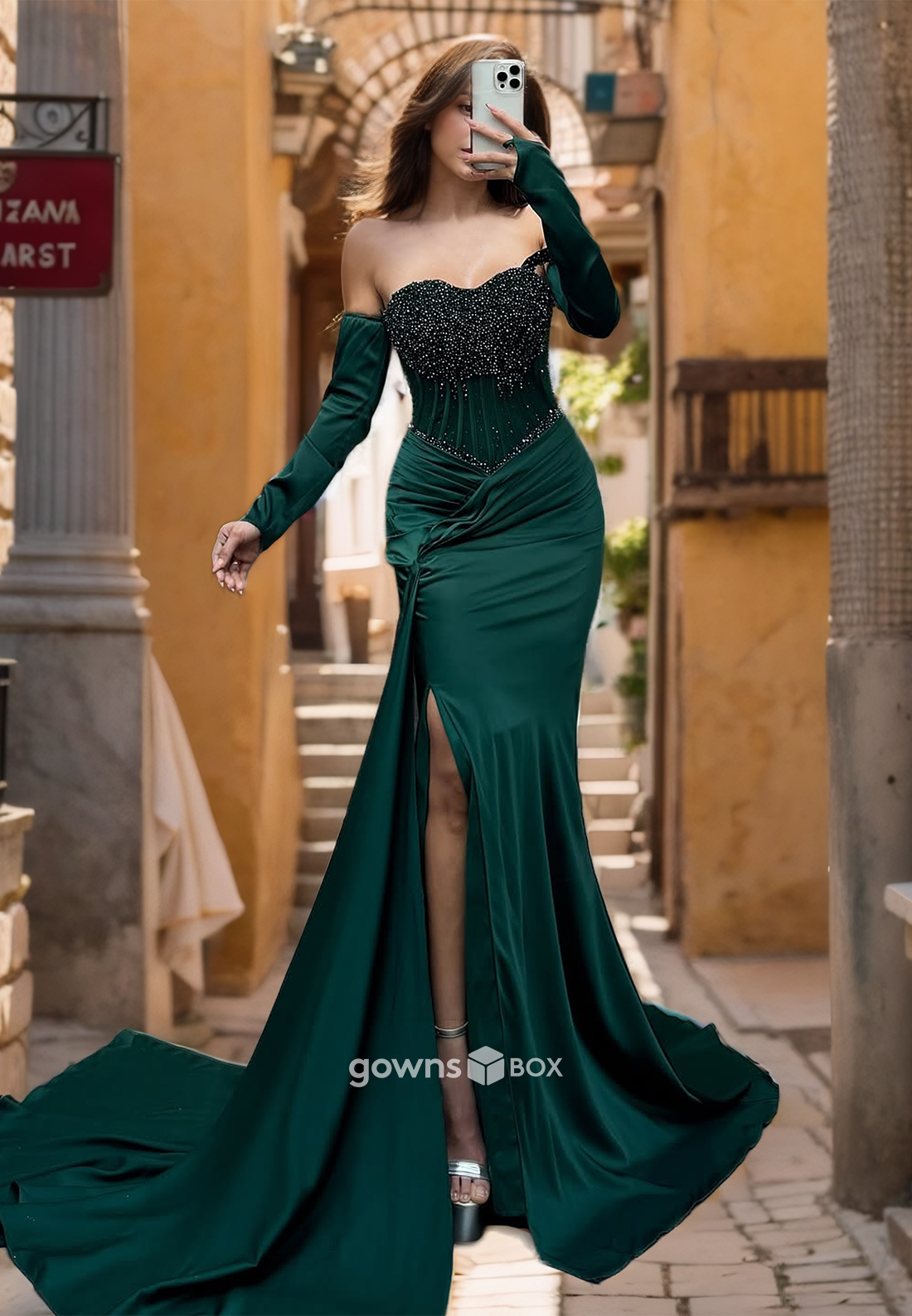 Pine Off-Shoulder Beaded Trumpet with Train Formal Evening Dress Party Gown-GownsBox