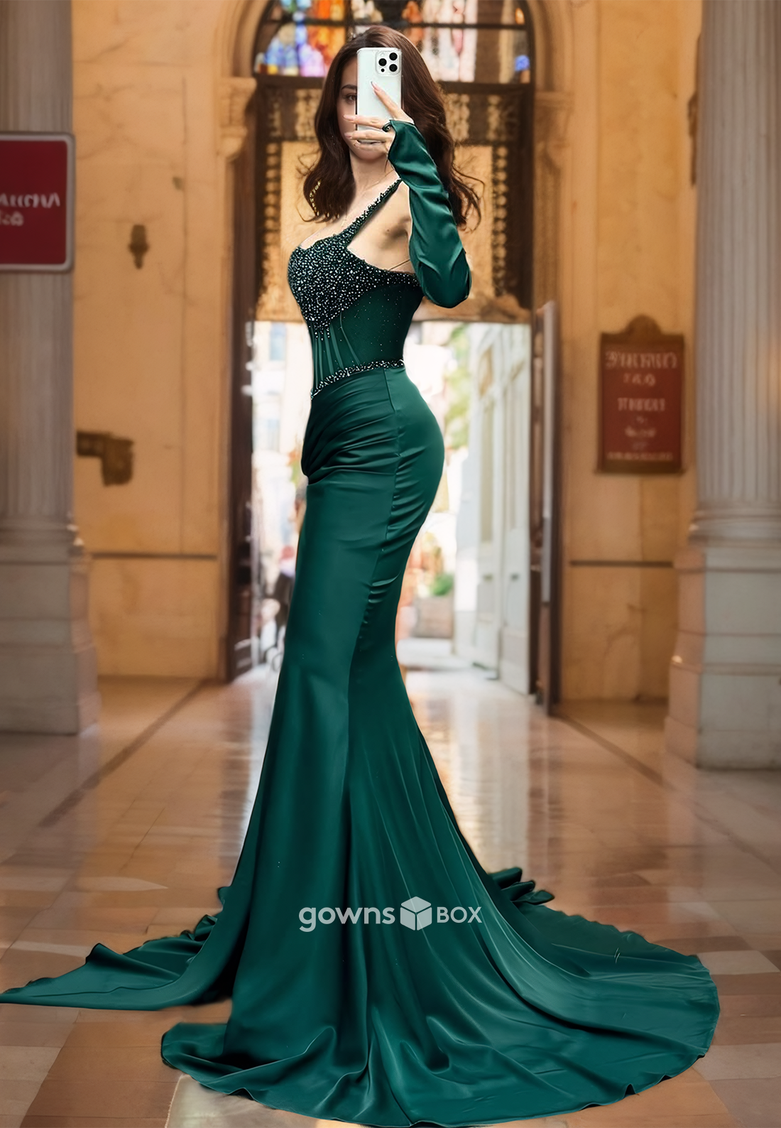 Pine Off-Shoulder Beaded Trumpet with Train Formal Evening Dress Party Gown-GownsBox