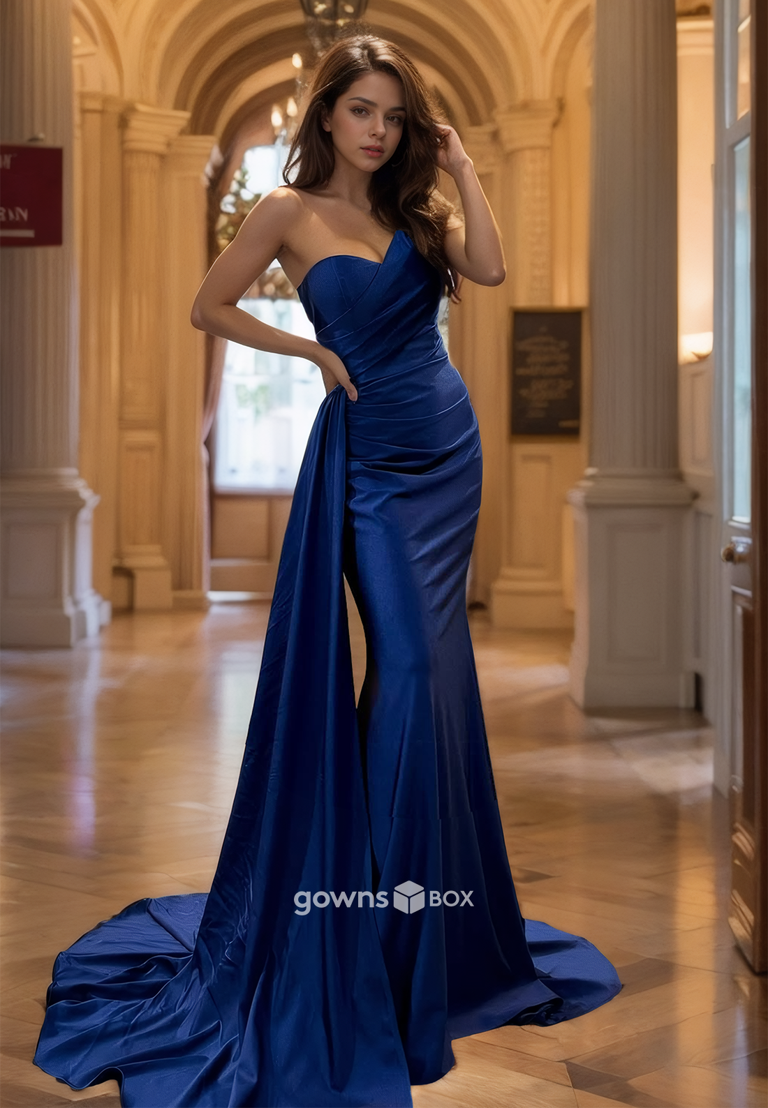 Elegant One Shoulder Fitted Mermaid with Train  Formal Evening Dress Party Gown-GownsBox